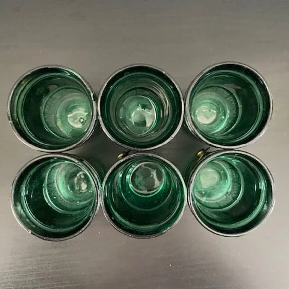 RARE! Vintage 60s MCM Emerald Green Leather Banded Tumbler Glasses Set of 6 - Picture 6 of 14